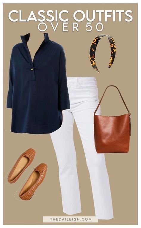 Spring outfits for women over 50 Work Outfits White Pants, Classic Styles For Women, Fashion For Women Over 50 Outfits, Classic Outfits Over 50, Over 50 Jeans Outfits, Brunch Outfit Over 50, White Jeans Outfits For Women, Spring Fashion 2024 Over 50, Stylish Outfits For Women Over 50 Classy