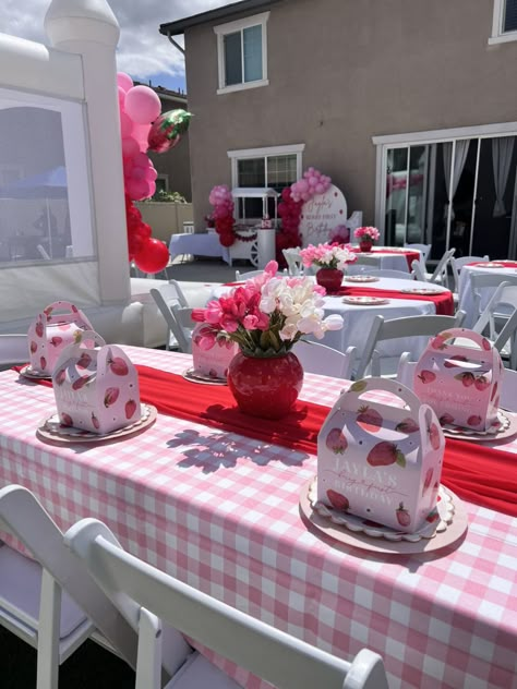 Strawberry Shortcake 16 Birthday, Berry Themed First Birthday Food, Very Berry First Birthday Decor, Strawberry Birthday Party Theme Centerpieces, Strawberry Themed 1st Birthday Table Decor, Food For Strawberry Themed Party, My Berry First Birthday Table Decorations, Strawberry Shortcake First Birthday Decorations, Strawberry Birthday Theme Decorations