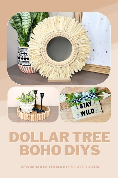 Learn how to create DIY home decor pieces using inexpensive items from Dollar Tree. Diy Cheap Apartment Ideas, Diy Dollar Tree Boho Decor Bedroom, Diy Rustic Boho Home Decor, Dollarama Decor Ideas, Diy Dollar Store Boho Decor, Bohemian Wall Decor Bedroom, Boho Jar Decor, Boho Craft Ideas Diy Projects, Boho Dollar Tree Decor