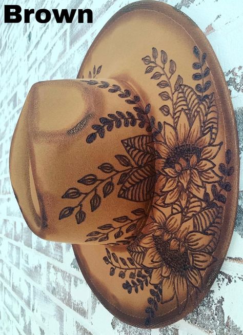 Hand-burned Sunflower Fedora only Camel Available-will Be - Etsy Boots. Wood Burning, Bride Cowgirl Hat With Aunflowers, Burn Hats, Burning Hats, Burnt Hat, Burnt Hats, Western Closet, Aesthetic Hats, Cowboy Hat Crafts