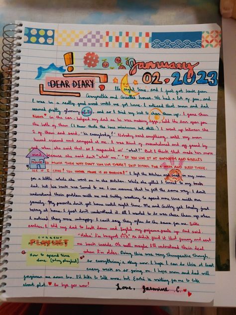 It's a colorful diary entry with little doodles and cursive writing. The date reads January 02, 2023. Diary Entries Ideas, Diary Entry Example, Diary Entry Format, Diary Entry Ideas, Diary Examples, Diary Journal Ideas, Journal Mood Tracker Ideas, Mood Tracker Ideas, School Diary