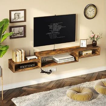 Floating Tv Shelf, Wall Mounted Media Console, Floating Shelves Living Room, Floating Tv Stand, Floating Tv, Tv Shelf, Pine Walls, Retro Industrial, Living Room Tv Wall