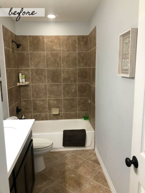 Houston lifestyle blogger Uptown with Elly Brown shares her before and after pictures of their kids bathroom Bathroom Remodel With Brown Tile, Bathroom Ideas With Brown Tile Floor, Brown Bathroom Remodel, Brown Tiled Bathrooms Ideas, Brown White And Black Bathroom, Bathrooms With Brown Cabinets, Modern Brown Bathroom Ideas, Bathroom With Brown Tile Floor, Brown Bathroom Update