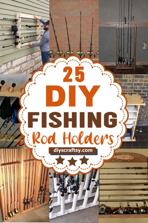 Fish Rod Holder Diy, Organizing Fishing Poles, Organize Fishing Poles, Fishing Pole Organization, Hanging Fishing Poles On Wall, Pvc Fishing Rod Storage, Rod Racks Fishing, Storage For Fishing Poles, Fishing Pole Storage Garage