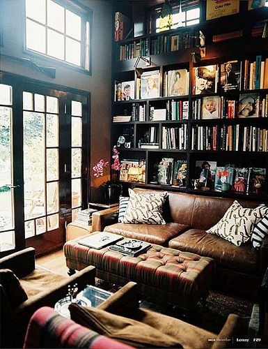 Lulu Powers / Lonny {black and beige eclectic vintage modern living room} Beautiful Bookshelf, Lots Of Books, Cozy Chair, Organization Inspiration, Home Libraries, Coral Reefs, Reading Room, Home Library, Black Walls