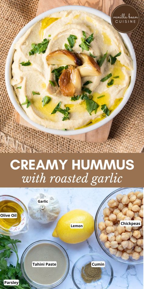 Roasted Garlic Hummus will quickly become your favorite healthy snack. Smooth and creamy hummus blended with sweet and savory roasted garlic make a fantastic flavor combination. Roasted Garlic Hummus Recipe, Garlic Hummus Recipe, Hummus Snack, Best Hummus Recipe, Dip Healthy, Hummus Recipe Homemade, Roasted Garlic Hummus, Hummus Recipes, Garlic Hummus