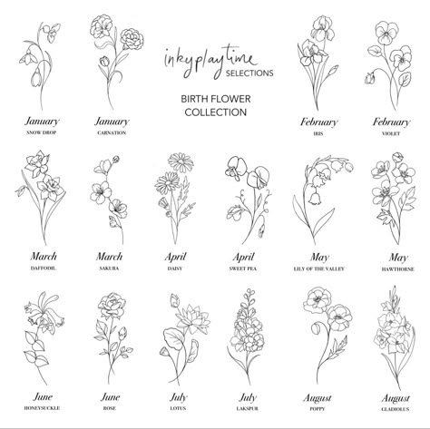 Birth Flowers Fine Line, Large Lily Of The Valley Tattoo, Fine Line Birth Flowers, Birthflower Tattoo Birth Month, Birthflower Name Tattoo, Birthflower January Tattoo, Bandito Tattoo, Fine Line Birth Flower Tattoo, July And August Birth Flower Tattoo