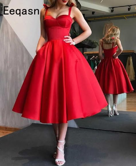 Vestido retro de los 50s para mujer, de 30 verano, sin hombros, cuello bote, swing, rockabilly, vestidos pinup de talla grande, vestido de fiesta|vestido talla plus|vestido plus tamañovestido de tamaño - AliExpress Tea Length Prom Dress, Short Red Prom Dresses, Tea Length Bridesmaid Dresses, Red Ball Gown, Satin Ball Gown, Garden Party Dresses, Pnina Tornai, Satin Homecoming Dress, Prom Dresses With Pockets