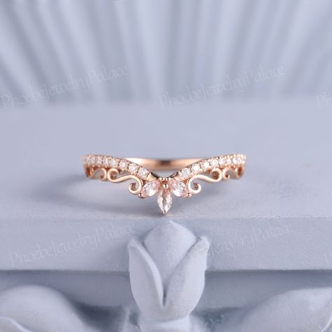 Natural Morganite Curved Wedding Band Marquise Rose Gold Diamond Band Vintage Wedding Band Moissanite Stacking Matching Chevron Band Custom PRODUCT SUMMARY Metal Type: yellow, white or rose solid 10K/14K or 18k gold. Size: All sizes are available, contact me if they do not contain the size you want in the drop-down menu. ☪☪Wedding band ⚜Stone - Natural Morganite Cut - Marquise  Weight - 0.14ct Color - Light Pink ⚜Stone - Moissanite or natural diamond Cut - Round Weight - 0.18ct  Clarity - SI-VS Wedding Ring Goals, Morganite Wedding Band, Wedding Band Marquise, Rose Gold Diamond Band, Chevron Wedding, Stacked Wedding Bands, Cute Engagement Rings, Gold Diamond Band, Rose Gold Accents