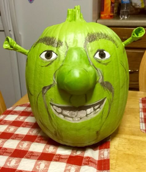 Shrek pumpkin I painted for my mother-in-law. Halloween 2015. #shrek #pumpkin #decorating #ideas #Halloween #character #ogre #fun #kids #diy #art #crafts #nocarve #painted Megamind Pumpkin, Halloween Decorated Pumpkins, Crazy Pumpkin Ideas, Pumpkin Ideas Funny, Painted Pumpkin Ideas Creative Funny, Pumpkin Carving Ideas Shrek, Funny Pumpkin Painting Ideas Hilarious, Shrek Pumpkin Painting, Pumpkin Ideas Painted Funny