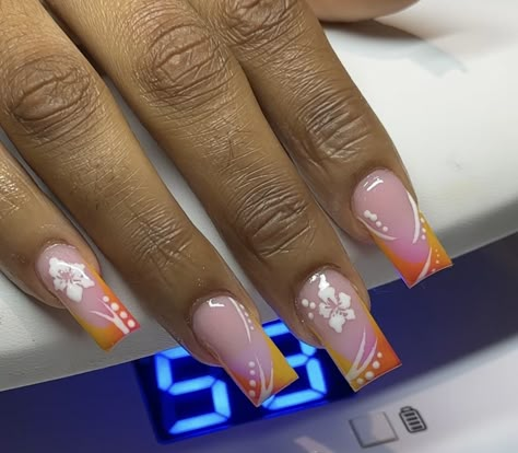 Vacation Holiday Nails, Square Vacation Nail Designs, Short French Acrylic Nails Designs, Spring Nails Acrylic Coffin Medium, Yellow Tropical Nails, Summer Shorties Nails, Island Inspired Nails, Nails For Dominican Republic, Vacation Nails Jamaica