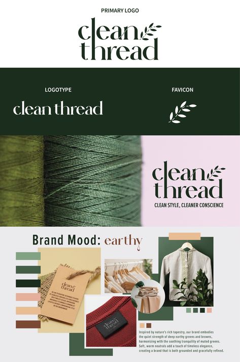 Presenting the brand identity design for Clean Thread - a minimalistic and sustainable clothing brand featuring deep forest greens and browns. Embodying eco-chic, our design speaks volumes about responsible fashion. 🌱👗 #CleanThread #SustainableFashion #MinimalDesign Sustainable Fashion Brand Identity, Moodboard Clothing Brand, Sustainable Fashion Branding, Sustainable Branding Design, Clothing Brand Identity Design, Sustainable Brand Identity, Fashion Brand Identity Design, Sustainability Graphic Design, Brown Graphic Design