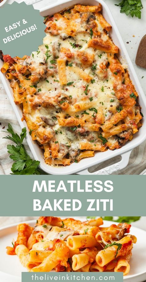 Meatless baked ziti is a comforting pasta recipe the whole family will love! Made with mushrooms instead of meat, it has plenty of cheese and texture and is large enough to satisfy a crowd. Meatless Baked Ziti, Meatless Pasta Recipes, Baked Ziti With Ricotta, Meatless Pasta, Mushrooms And Spinach, Fast Dinner, Fast Dinner Recipes, Red Bell Peppers, Baked Ziti