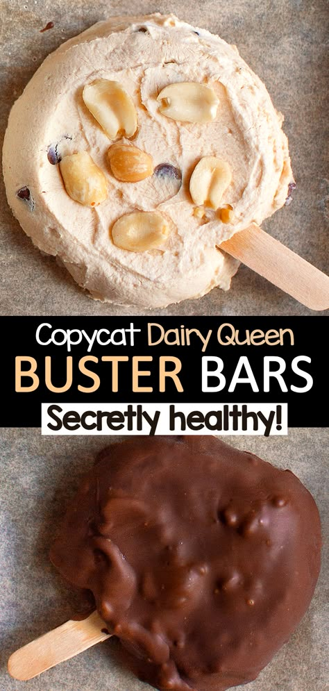 Dairy Queen Copycat Healthy Chocolate Peanut Butter Buster Bars Homemade Frozen Reeses Bars, Healthy Buster Bar, Pb2 Desserts Healthy, Homemade Frozen Desserts, Buster Bar Dessert Homemade, Buster Bars Homemade, Peanut Butter And Yogurt Frozen, Peanut Butter Froyo Pops, Chocolate Ice Cream Popsicles