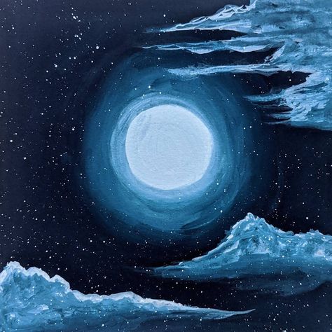 Gouache painting of a full moon with a blue glow and surrounded by clouds. The Moon Artwork, Space Painting Aesthetic, Moonscapes Painting, Moon With Clouds Painting, Art Moon Paintings, Moon Aesthetic Illustration, Blue Theme Painting, Night Sky Moon Painting, Moon Water Painting