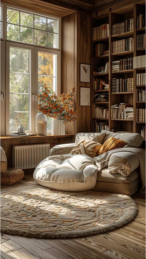 Cozy Cabin Library, Mini House Library, Cozy Cottage Library, Cozy House Library, Reading Room Inspiration, Library Lounge Room, Spare Room Inspiration, Home Reading Room Ideas, Home Mini Library