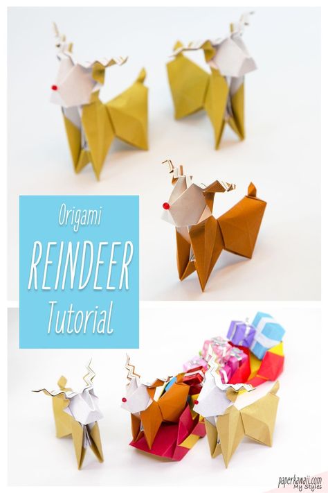 Origami Reindeer Tutorial, Christmas Origami Tutorial, Oragami Christmas Decorations, Christmas Origami Decorations, Christmas Origami For Kids, Christmas Origami Ornaments, Christmas Origami Easy, Origami For Christmas, Oragami Christmas