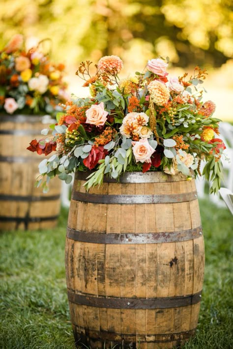 Florals by Ruffled Willow Whiskey barrel rented through The Silo Wedding Urns, Whiskey Barrel Flowers, Wine Barrel Wedding Decor, Whiskey Barrel Decor, Barrel Wedding Decor, Wine Barrel Wedding, Barrel Flowers, Fall Country Wedding, Whiskey Barrel Wedding