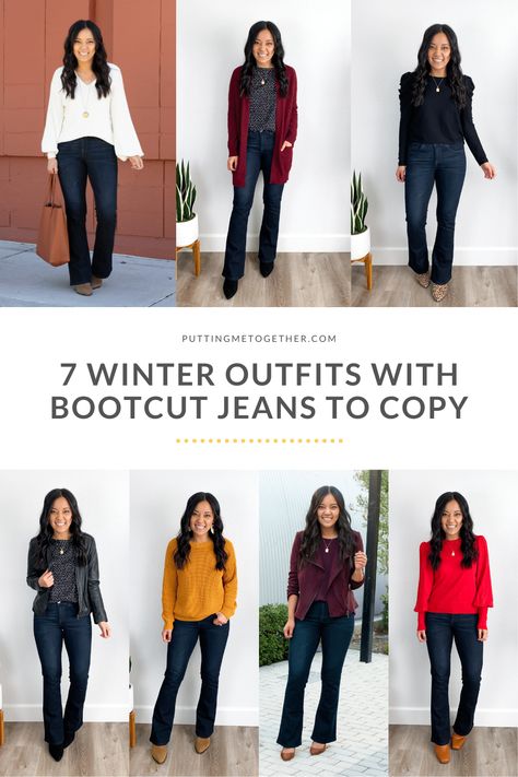 Bootcut Jeans For Work, Womens Bootcut Jeans Outfits, Winter Outfits With Bootcut Jeans, Jeans With Boots Outfit Winter, Loafers With Bootcut Jeans, Bootleg Jeans Outfit Winter, Black Turtleneck With Jeans, What To Wear With Bootcut Jeans, Styling Bootcut Jeans Outfit Ideas