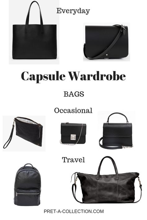 Capsule Wardrobe: Bags - Pret-a-Collection Capsule Bags Wardrobe, Basic Bags Capsule Wardrobe, Handbag Capsule Wardrobe, Purse Capsule Wardrobe, Bags Capsule Wardrobe, All Black Wardrobe Closet, Capsule Bag Collection, Capsule Wardrobe Bags, Minimalist Shoe Collection