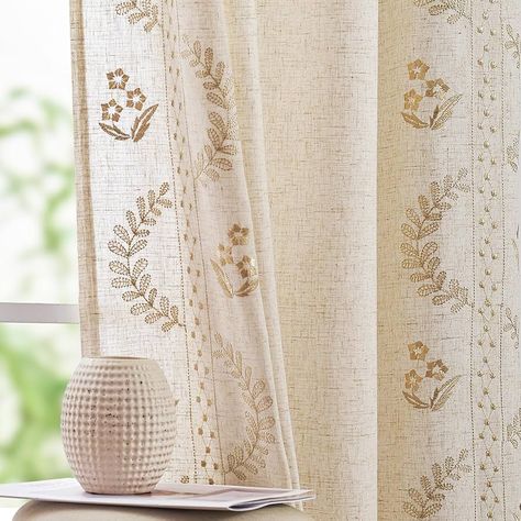 Boho Sliding Door Curtains, Window Curtains Design Living Rooms, Bedroom Curtains Short Window, Curtains For Boho Bedroom, Boho Bedroom Window Treatments, Cottage Style Curtains Living Room, Earthy Living Room Curtains, Magnolia Curtains Joanna Gaines, Patterned Curtains Dining Room