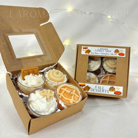 Laroma's beautifully handcrafted tealight set is the perfect mini set to sample for yourself, or to give as a gift!  Each box has 4 whipped tealights scented with: S'mores, Cinnamon Bun, Pecan Waffle, and Apple Pie. Candles That Look Like Food, Unique Candle Ideas, Halloween Candle Ideas, High Tea Ideas, Gift Set Ideas, Apple Candle, Pie Candles, Homemade Scented Candles, Autumn Candle