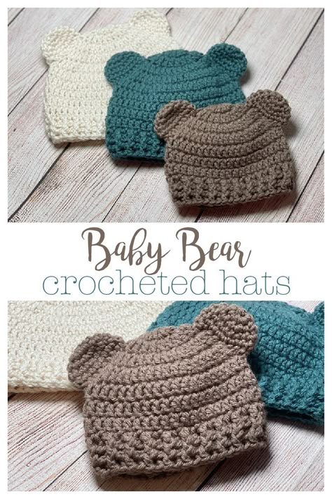 Simple crocheted baby bear hat in 3 sizes 0-3, 3-6, and 6-12. The hats are a basic double crochet hat with a post stitch ribbing and little bear ears. 12 Month Old Crochet Hat Free Pattern, Crochet Baby Hats Free Pattern Boy Infants, Chunky Crochet Baby Hat, Baby Hat And Booties Crochet Pattern, Crochet Baby Boy Toys, Free Easy Amigurumi Crochet Patterns, Crochet Patterns For Baby Boys, Free Baby Hat Crochet Pattern, Crochet Ideas For Babies