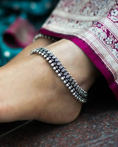 Oxidised German Silver Anklet . . Price :780 /- . This designer charming Oxidized German silver Anklet is neat and simple for those who… Oxidised Silver Payal, Oxidised Silver Anklets, Antique Payal Designs Silver, Silver Anklet Design Indian, Antique Anklets Silver, Antique Anklets Indian, Bridal Anklet Silver, Anklets Indian Silver Simple, Silver Anklet Design For Bridal