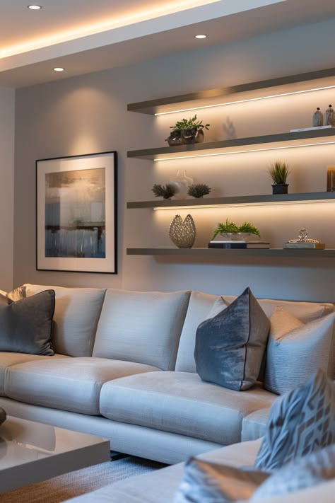 Living Room Wall Decor Ideas Above Sectional Couch, Wall Above Sofa Decor, Wall Cabinets Above Sofa, Wall Paneling Behind Couch, Behind The Couch Wall Decor Modern, Floating Shelves Living Room Above Couch, Light Behind Sectional Couch, Wall Shelves Behind Sofa, Behind Sofa Wall Decor Ideas