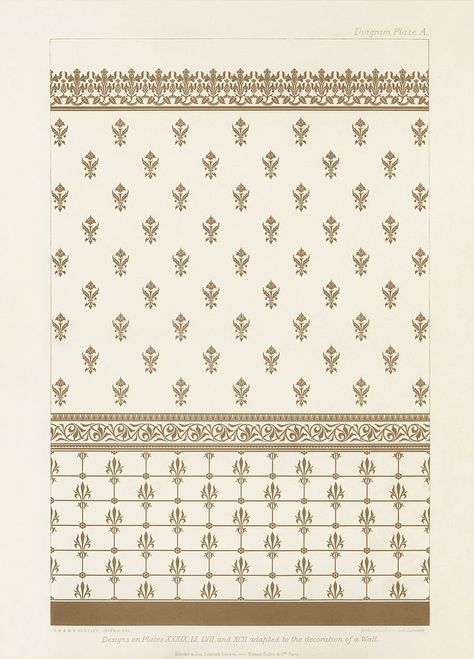 Antique wall decoration pattern. Digitally enhanced from our own original first edition of The Practical Decorator and Ornamentist (1892) by G.A Audsley and M.A. Audsley. | free image by rawpixel.com Mughal Background Pattern, Medieval Pattern, Greek Pattern, Print Design Art, Textile Prints Design, Indian Patterns, Textile Pattern Design, Digital Borders Design, Embroidery Motifs