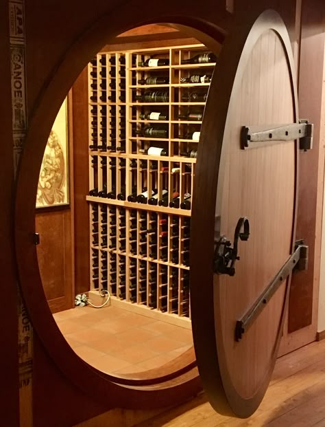 Tiny Wine Cellar, Wine Rooms In House, Wood Wine Cellar, Wine Door, Cellar Basement, Wine Room Design, Speakeasy Decor, Wine Cellar Basement, Hobbit Door