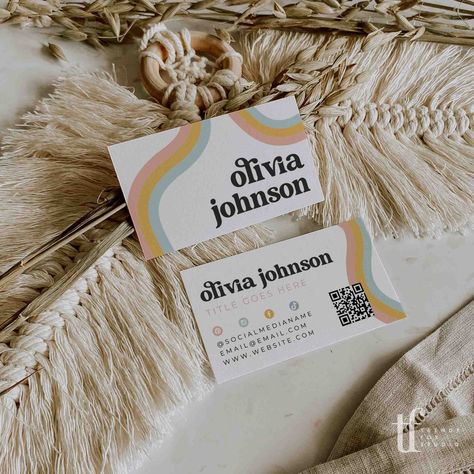 Create a stunning retro style business card in minutes with this groovy rainbow Canva template. Add a QR code that links to your website, social media page, or any URL. This DIY (do-it-yourself) template is fully customizable and very simple to use. There is no software or fonts to download - Simply edit it in Canva (for free) using your PC, tablet, or mobile device. Once edited and downloaded, you can print immediately at home, or through any local or online printing company. YOU WILL RECEIVE: Art Business Card Design, Eye Catching Business Cards, Crafting Business Cards, Cute Business Card Ideas, Groovy Business Cards, Canva Business Cards, Small Business Cards Ideas, Visit Card Ideas, Aesthetic Business Cards