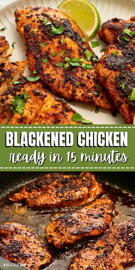 This Blackened Chicken recipe is an ideal weeknight dinner recipe. Boldly seasoned and quickly pan-seared, this flavorful blackened chicken is juicy, tender, and comes together in less than 15 minutes. Baked Blackened Chicken, Easy Blackened Chicken, Pan Grilled Chicken, Blackened Chicken Recipe, Grilled Chicken Breast Recipes, Baked Chicken Recipes Easy, Chicken Skillet Recipes, Chicken Skillet, Pan Seared Chicken