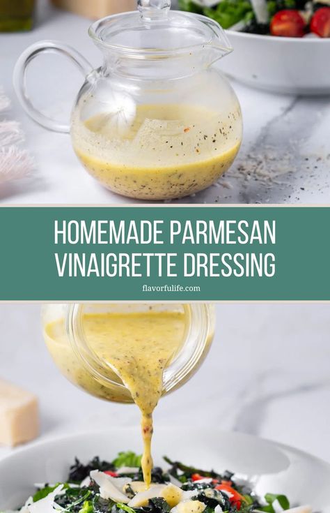 This easy and light homemade parmesan vinaigrette is a perfect choice for dressing up salads. Garlic parmesan dressing adds a fresh, zesty taste to any greens. Simple to whip up, it's a great way to make your meals more flavorful and exciting! Easy Salad Vinaigrette, Best Salad Dressing Ever, Parmesan Garlic Salad Dressing, Healthy Vinaigrette Dressing, Simple Salad Dressings, Homemade Vinaigrette Dressing Healthy, Light Vinaigrette Dressing, House Vinaigrette Dressing, Avocado Vinaigrette Dressing