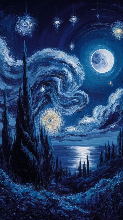 Night Sky Art Aesthetic, Wallpaper Celestial, Indigo Aesthetic, Night Wallpapers, Moonlit Landscape, Bathroom Painting, Starry Night Wallpaper, Trees Silhouette, Swirling Clouds