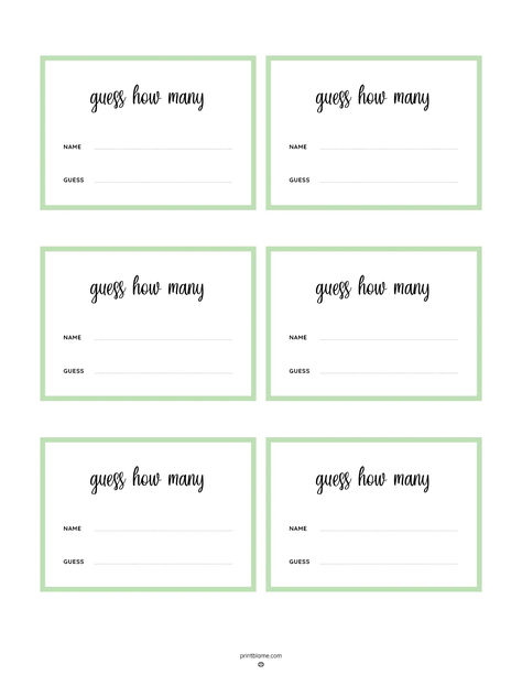 Guess How Many printable template with six cards per page, each featuring spaces for name and guess. Guess How Many Free Template, Guess My Number Game Math, Guess The Number In The Jar, Guess How Many Candies In The Jar Free Printable, Candy Guessing Game Jars, Guess How Many Candies In The Jar, Guess How Many Kisses In A Jar, Guess How Many In A Jar Printable Free, Guess How Many In A Jar