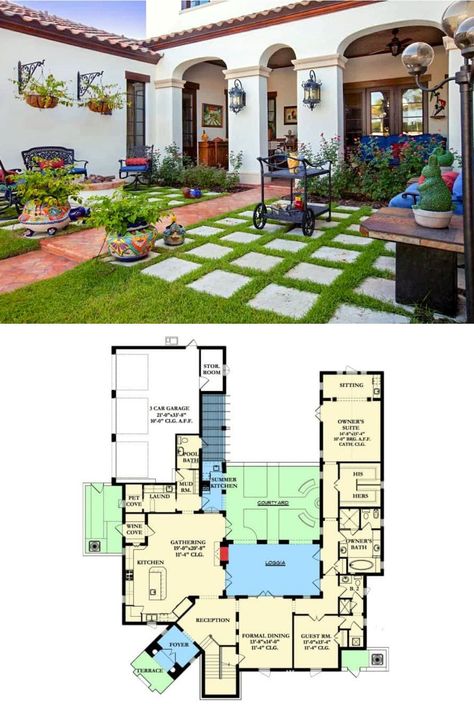 3 Story Mediterranean House Plans, One Floor Spanish Style House, Hacienda Plans With Courtyard, 4 Bedroom Courtyard House Plans, House Plans With Central Courtyard, 2 Story Courtyard House Plans, Spanish Style House Layout, Spanish Hacienda Style Homes House Plans, Small Spanish Colonial Style Homes