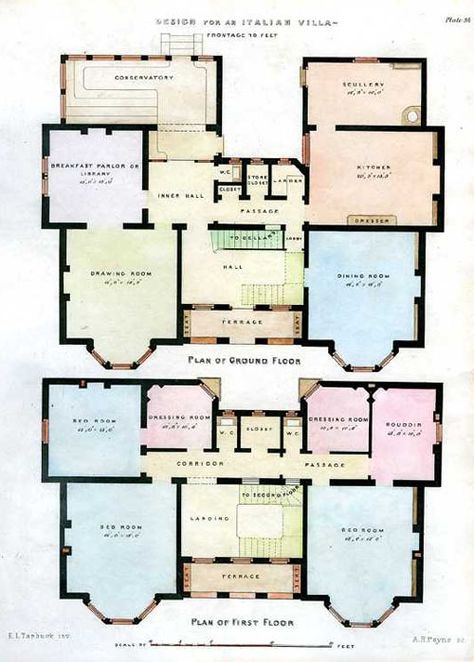 Italian Villa Floorplans Architectural engraving c1850 Italian Style Architecture, Italian Villa Blueprint, Vintage Mansion Floor Plan, Italian Farmhouse Floor Plan, Italy House Italian Villa Interior, Mediterranean Architecture Italian Villa, Small Italian Villa Floor Plans, Italian Home Layout, Italian Villa Floorplan