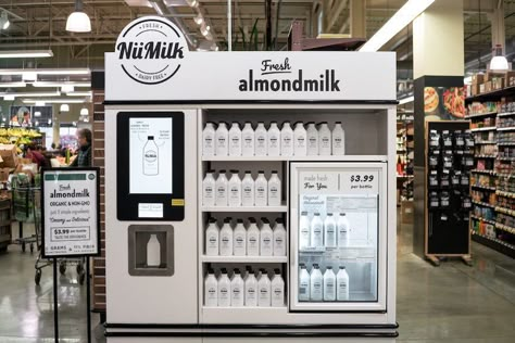 Food Vending Machines, Vending Machine Design, Organic Almond Milk, Coffee Kiosk, Milk Brands, Homemade Almond Milk, Organic Maple Syrup, Milk Shop, Vending Machines