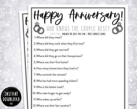 Anniversary Party Activities, Wedding Anniversary Party Games, Who Knows The Couple Best, Games For Party, Adult Birthday Party Games, 60th Anniversary Parties, Anniversary Party Games, 30th Anniversary Parties, Anniversary Games