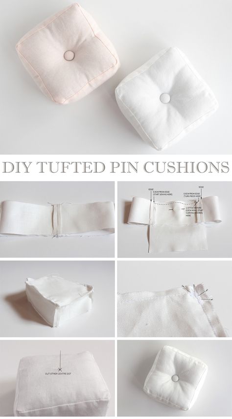 Cute Tufted Pin Cushions Tutorial Sewing Mini Pillows, Homemade Pin Cushions How To Make, Pin Cushion Sewing Pattern, Sewing A Pin Cushion, Sewing Pin Cushion Diy, Free Pincushion Sewing Patterns, Small Pillows Diy, How To Make Pin Cushions, Hand Sewn Projects For Beginners