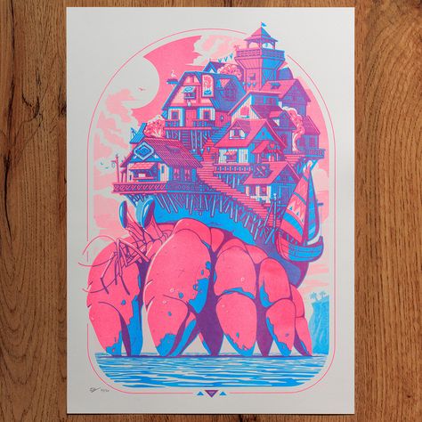 The Hobbit Riso Print on Behance Risograph Landscape, Riso Graphic Design, Riso Print Illustration, Riso Illustration, Screenprinted Poster, Screenprint Illustration, Riso Art, Risograph Illustration, Riso Printing