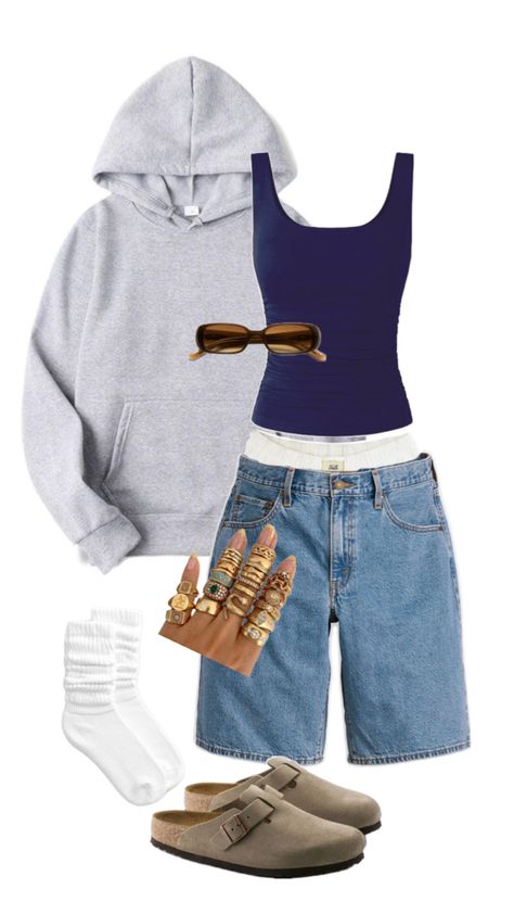 blue tank top, grey hoodie, jorts, birkenstocks, ribgs, ahs style, fit inspo Ahs Style, Neat Casual Outfits, Tank Outfit, Shoes Outfit Fashion, Outfit Inspo Casual, Cute Comfy Outfits, Swaggy Outfits, Simple Trendy Outfits, Blue Tank Top