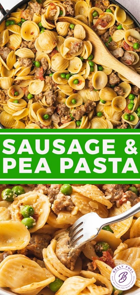 Sausage Pea Pasta, Pork Sausage And Pasta Recipes, Dinner Ideas With Ground Pork Sausage, Leftover Italian Sausage, Recipes With Leftover Sausage, Pasta With Peas And Sausage, Crumbled Sausage Pasta, Sausage And Peas Pasta, Sausage Casserole Recipes For Dinner