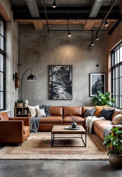 Rustic Living Room Modern Industrial Condo Interior Design, Rustic Modern Apartment Decor, Living Room Design Industrial, Scandustrial Interior Design, Rustic Modern Industrial Decor, Modern Rustic Living Room Decor Ideas, Eclectic Industrial Living Room, Japandi Industrial Living Room, Luxury Industrial Interior Design