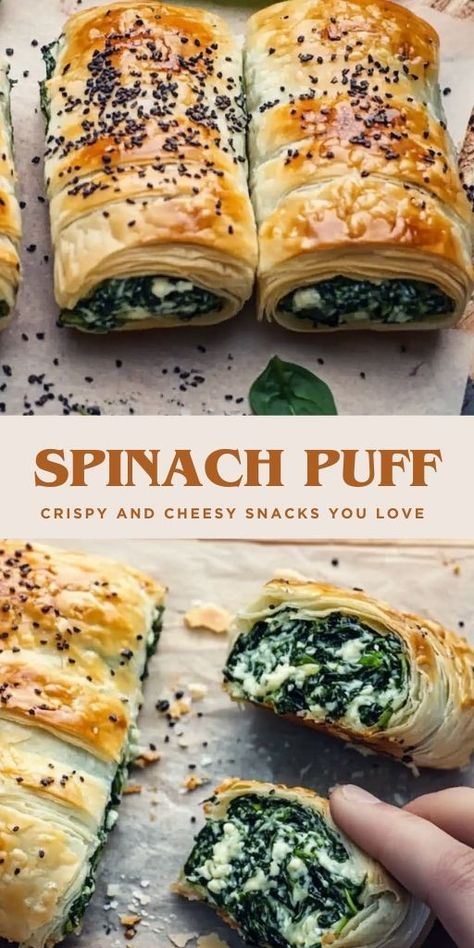 Spinach and Cheese Puff Pastry Rolls: A Savory Treat! Ingredients: 300g fresh spinach 3 tbsp olive oil 3 cloves garlic, minced 1 egg (for filling) Salt, to taste 1/2 tsp black pepper, freshly ground 250g ricotta cheese #Spinach #Puff Spinach Puffs Recipe, Puff Pastry Dinner, Puff Pastry Rolls, Pastry Rolls, Puff Pastry Recipes Savory, Spinach Puff Pastry, Savory Puff Pastry, Spinach Puff, Puff Pastry Appetizers