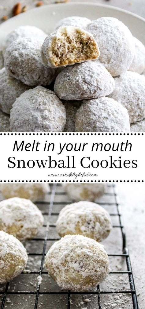 Snowball cookies in plate (top image) and on wire rack (bottom image) Snow Ball Cookies, Snowball Cookie, Russian Tea Cookies, Powdered Sugar Cookies, Xmas Cookies Recipes, Chocolate Snowballs, Pecan Snowballs, Pecan Snowball Cookies, Ball Cookies