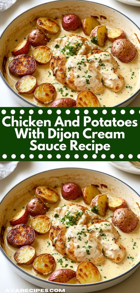 This comforting chicken and potatoes dish features tender chicken cooked to perfection, paired with crispy potatoes, all smothered in a rich Dijon cream sauce. A delightful meal for any occasion. Creamy Chicken And Potatoes, Fun Chicken Dinner Ideas, Tender Chicken Breast Recipes, Healthy Chicken Meals, Creamy Dijon Sauce, Chicken Recipe For Dinner, Dijon Cream Sauce, Craving Tasty, Creamy Dijon