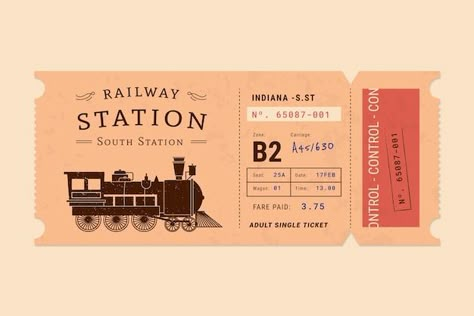 Free vector flat design train ticket tem... | Free Vector #Freepik #freevector #train-ticket #travel-template #tour #tourism Fancy Ticket Design, Train Ticket Illustration, Vintage Train Ticket Printable, Vintage Ticket Design, Bus Ticket Design, Islam Philosophy, Train Ticket Booth, Travel Ticket Design, Train Ticket Art