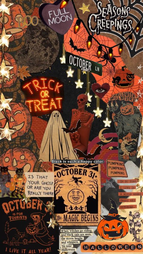 Halloween mood board #vintage #vibes #halloween #art #wallpaper #october #fall #spooky #spookyszn #aesthetic #mood #moodboard Orange Halloween Wallpaper, Creepy Wallpaper, Fall Lockscreen, Halloween Nostalgia, Spooky Wallpaper, Halloween Collage, Helloween Wallpaper, Autumn Phone Wallpaper, Wallpaper Collages